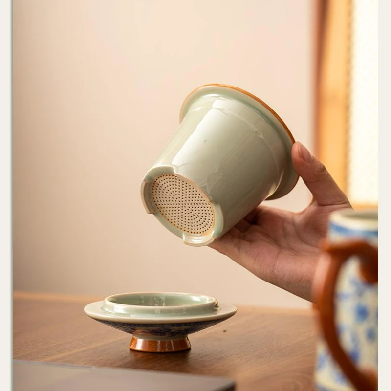 430ml Blue and White Ge Kiln Entwined Lotus Office Cup Ceramic with Lid Tea Water Separation Cup Household Chinese Tea Cup