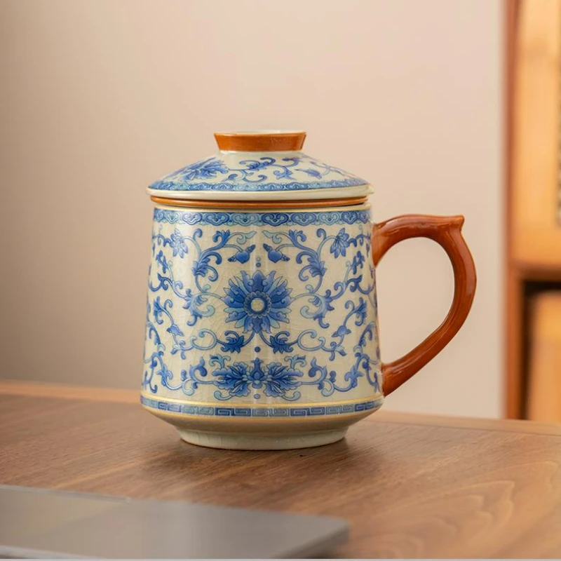 430ml Blue and White Ge Kiln Entwined Lotus Office Cup Ceramic with Lid Tea Water Separation Cup Household Chinese Tea Cup
