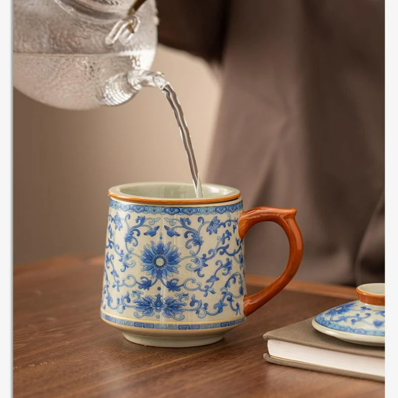 430ml Blue and White Ge Kiln Entwined Lotus Office Cup Ceramic with Lid Tea Water Separation Cup Household Chinese Tea Cup