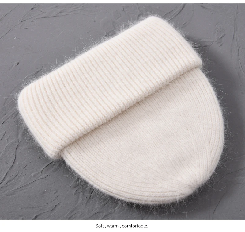 Casual Winter Hat for Women Real Rabbit Fur Beanie Ladies Fall Cashmere Hats Three Fold Thick Knitted Girls Skullies Beanies Cap