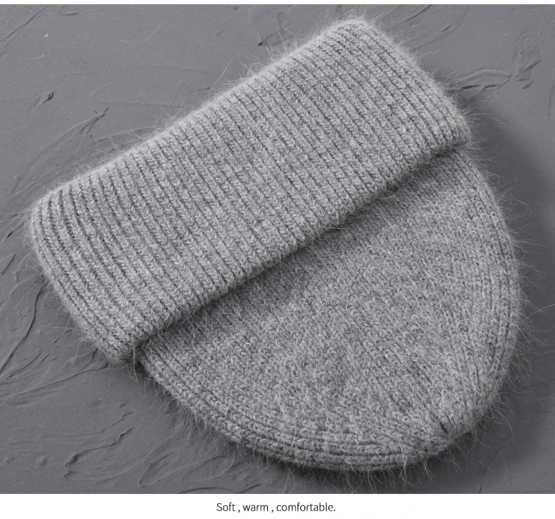 Casual Winter Hat for Women Real Rabbit Fur Beanie Ladies Fall Cashmere Hats Three Fold Thick Knitted Girls Skullies Beanies Cap