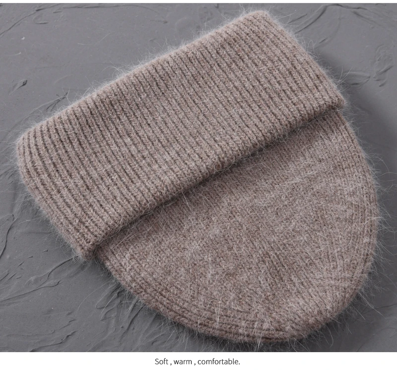 Casual Winter Hat for Women Real Rabbit Fur Beanie Ladies Fall Cashmere Hats Three Fold Thick Knitted Girls Skullies Beanies Cap