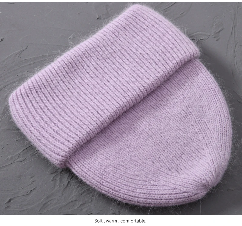 Casual Winter Hat for Women Real Rabbit Fur Beanie Ladies Fall Cashmere Hats Three Fold Thick Knitted Girls Skullies Beanies Cap