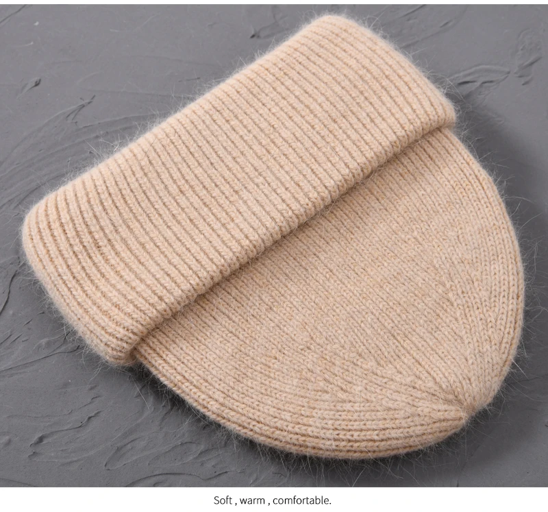 Casual Winter Hat for Women Real Rabbit Fur Beanie Ladies Fall Cashmere Hats Three Fold Thick Knitted Girls Skullies Beanies Cap