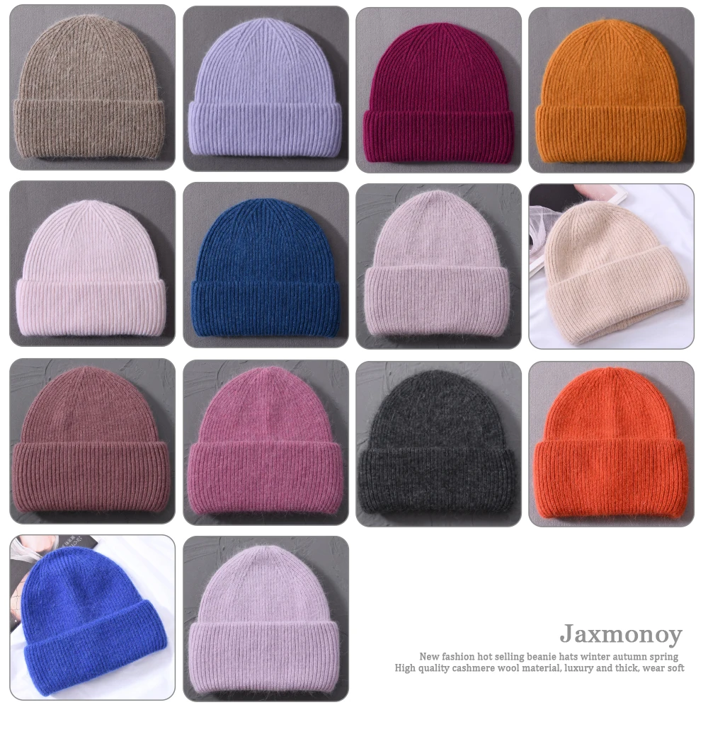 Casual Winter Hat for Women Real Rabbit Fur Beanie Ladies Fall Cashmere Hats Three Fold Thick Knitted Girls Skullies Beanies Cap