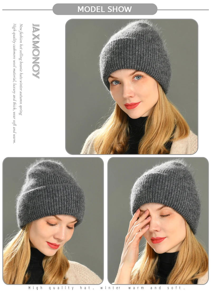 Casual Winter Hat for Women Real Rabbit Fur Beanie Ladies Fall Cashmere Hats Three Fold Thick Knitted Girls Skullies Beanies Cap