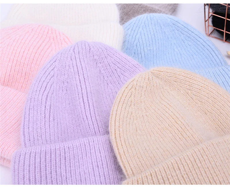 Casual Winter Hat for Women Real Rabbit Fur Beanie Ladies Fall Cashmere Hats Three Fold Thick Knitted Girls Skullies Beanies Cap