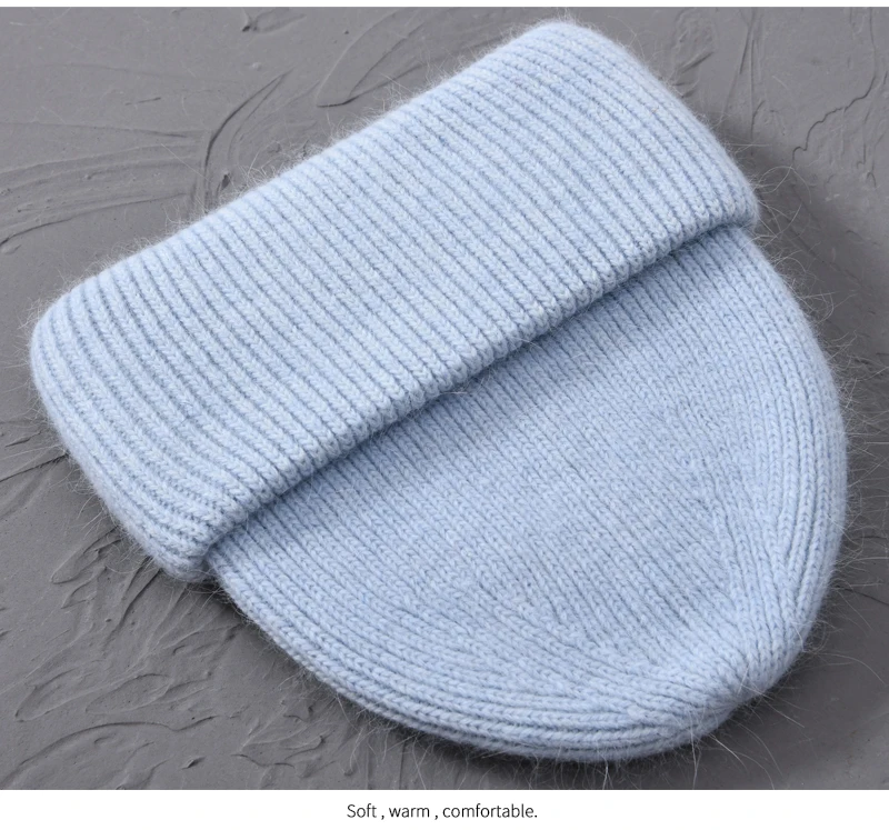 Casual Winter Hat for Women Real Rabbit Fur Beanie Ladies Fall Cashmere Hats Three Fold Thick Knitted Girls Skullies Beanies Cap