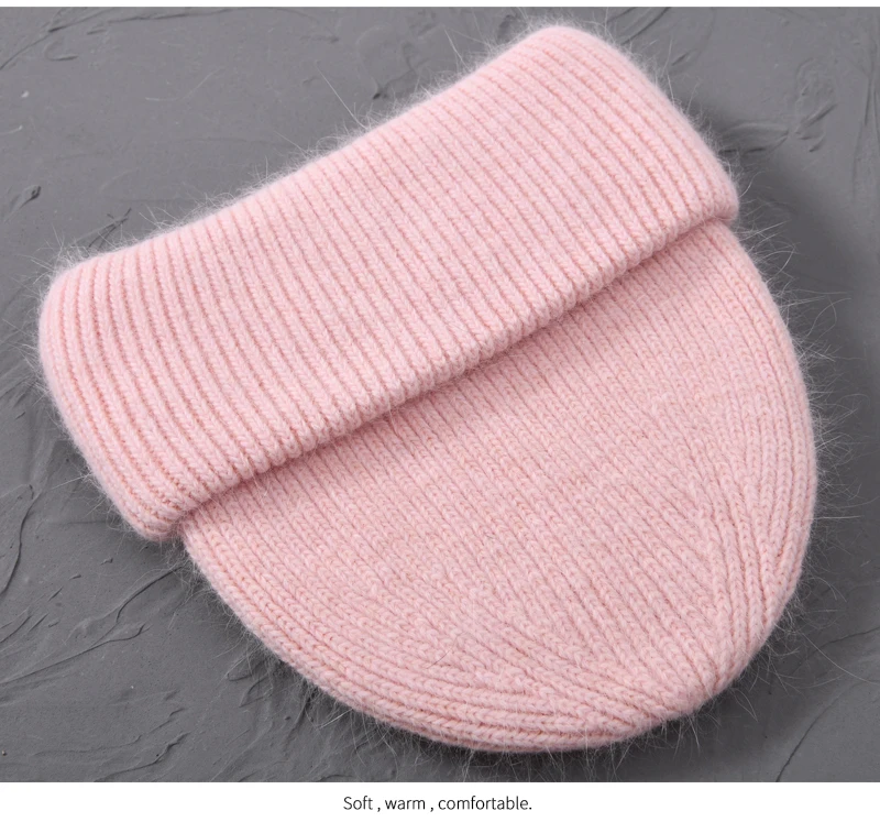 Casual Winter Hat for Women Real Rabbit Fur Beanie Ladies Fall Cashmere Hats Three Fold Thick Knitted Girls Skullies Beanies Cap