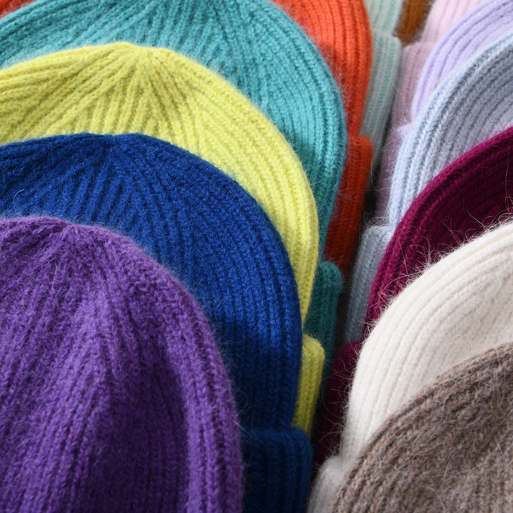 Casual Winter Hat for Women Real Rabbit Fur Beanie Ladies Fall Cashmere Hats Three Fold Thick Knitted Girls Skullies Beanies Cap