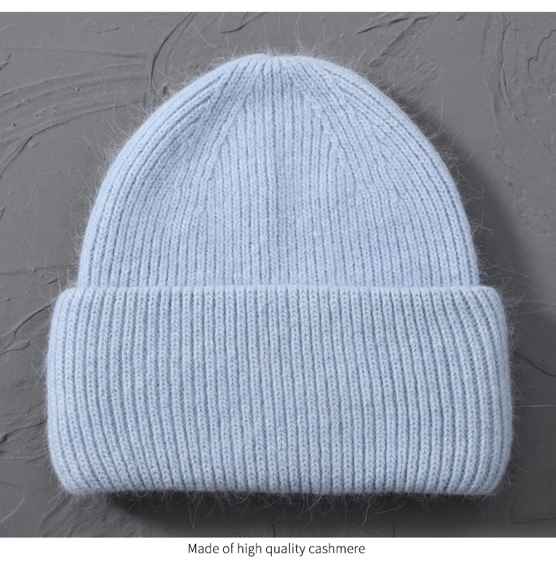 Casual Winter Hat for Women Real Rabbit Fur Beanie Ladies Fall Cashmere Hats Three Fold Thick Knitted Girls Skullies Beanies Cap