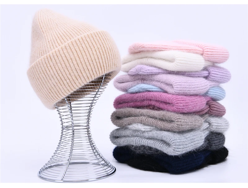 Casual Winter Hat for Women Real Rabbit Fur Beanie Ladies Fall Cashmere Hats Three Fold Thick Knitted Girls Skullies Beanies Cap