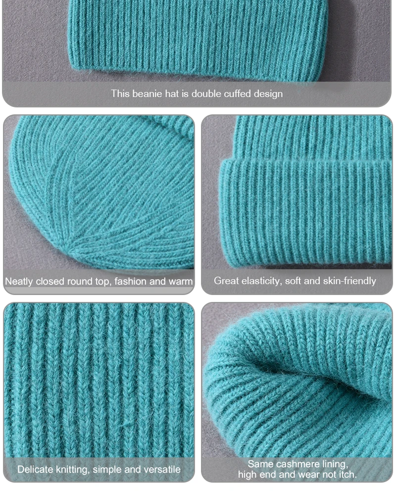 Casual Winter Hat for Women Real Rabbit Fur Beanie Ladies Fall Cashmere Hats Three Fold Thick Knitted Girls Skullies Beanies Cap