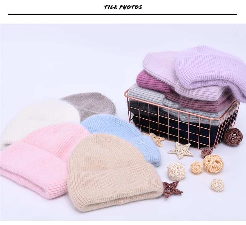 Casual Winter Hat for Women Real Rabbit Fur Beanie Ladies Fall Cashmere Hats Three Fold Thick Knitted Girls Skullies Beanies Cap