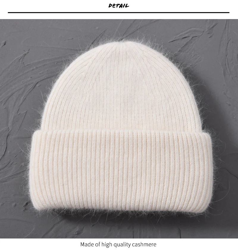 Casual Winter Hat for Women Real Rabbit Fur Beanie Ladies Fall Cashmere Hats Three Fold Thick Knitted Girls Skullies Beanies Cap