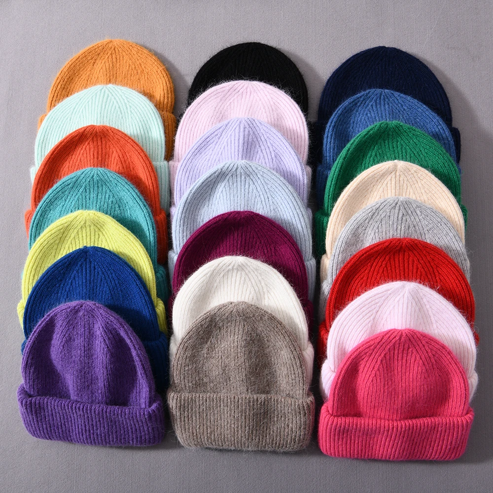 Casual Winter Hat for Women Real Rabbit Fur Beanie Ladies Fall Cashmere Hats Three Fold Thick Knitted Girls Skullies Beanies Cap