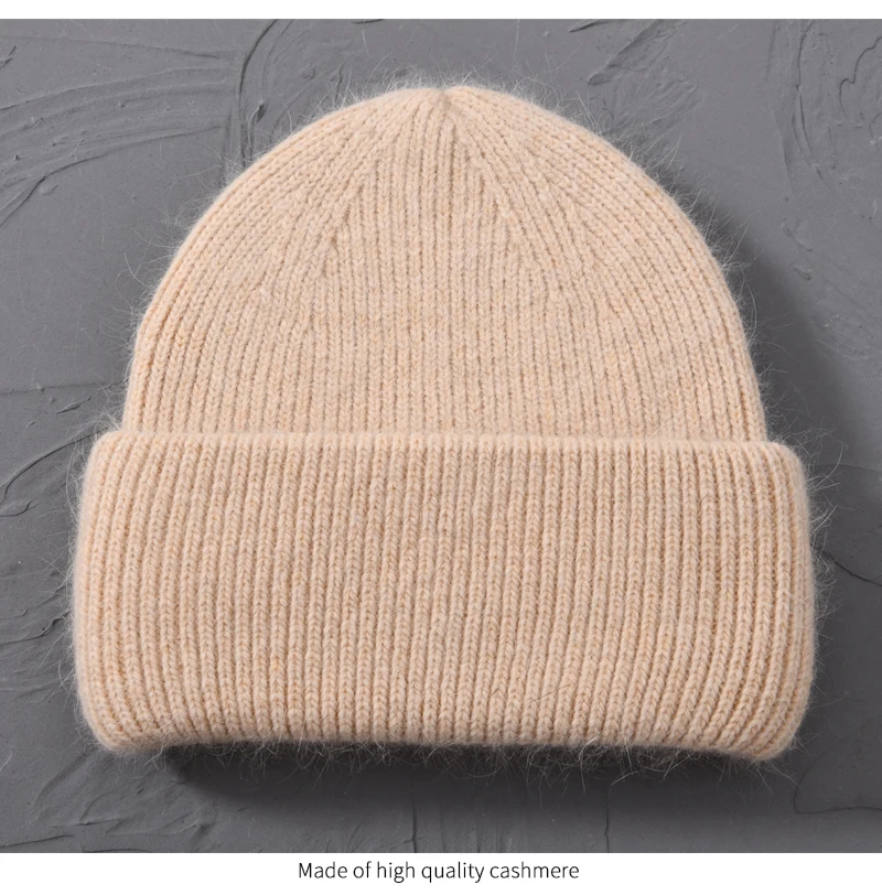 Casual Winter Hat for Women Real Rabbit Fur Beanie Ladies Fall Cashmere Hats Three Fold Thick Knitted Girls Skullies Beanies Cap