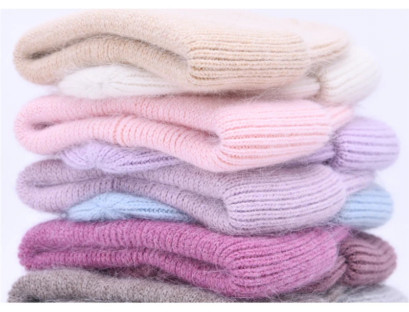 Casual Winter Hat for Women Real Rabbit Fur Beanie Ladies Fall Cashmere Hats Three Fold Thick Knitted Girls Skullies Beanies Cap