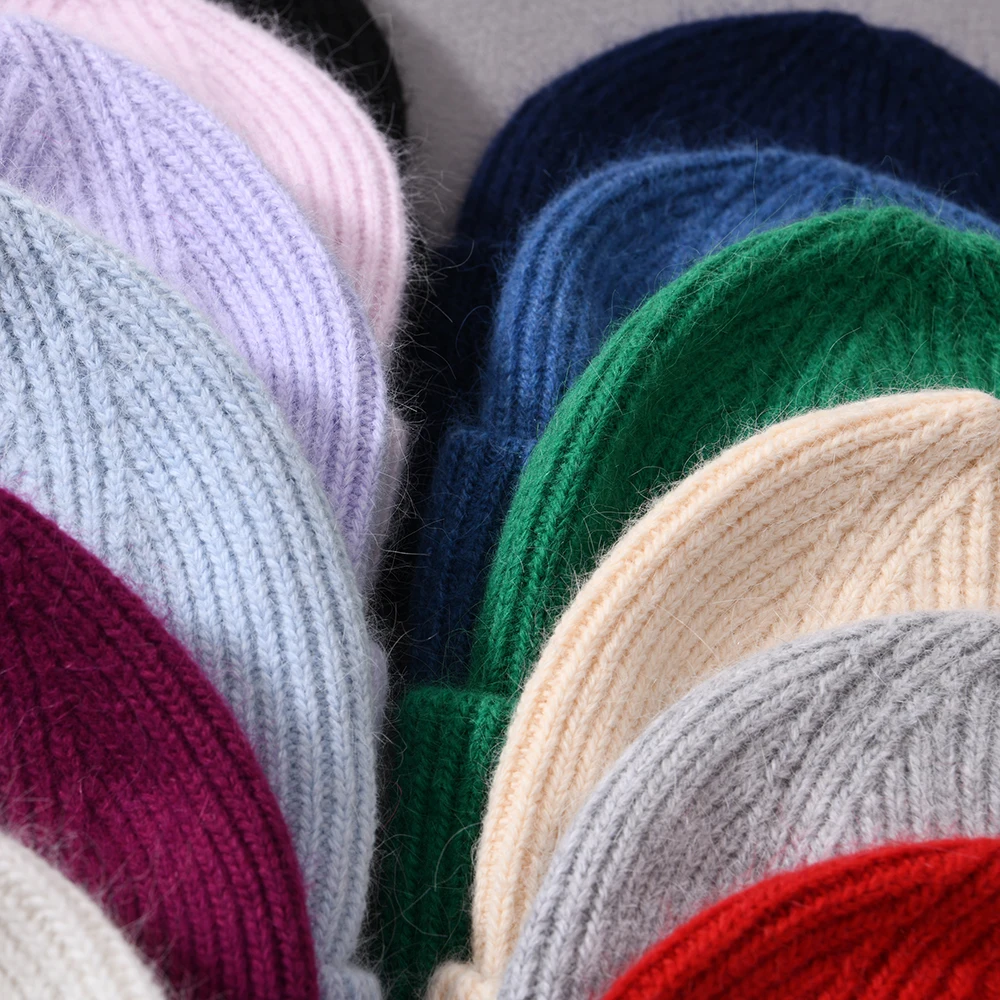 Casual Winter Hat for Women Real Rabbit Fur Beanie Ladies Fall Cashmere Hats Three Fold Thick Knitted Girls Skullies Beanies Cap