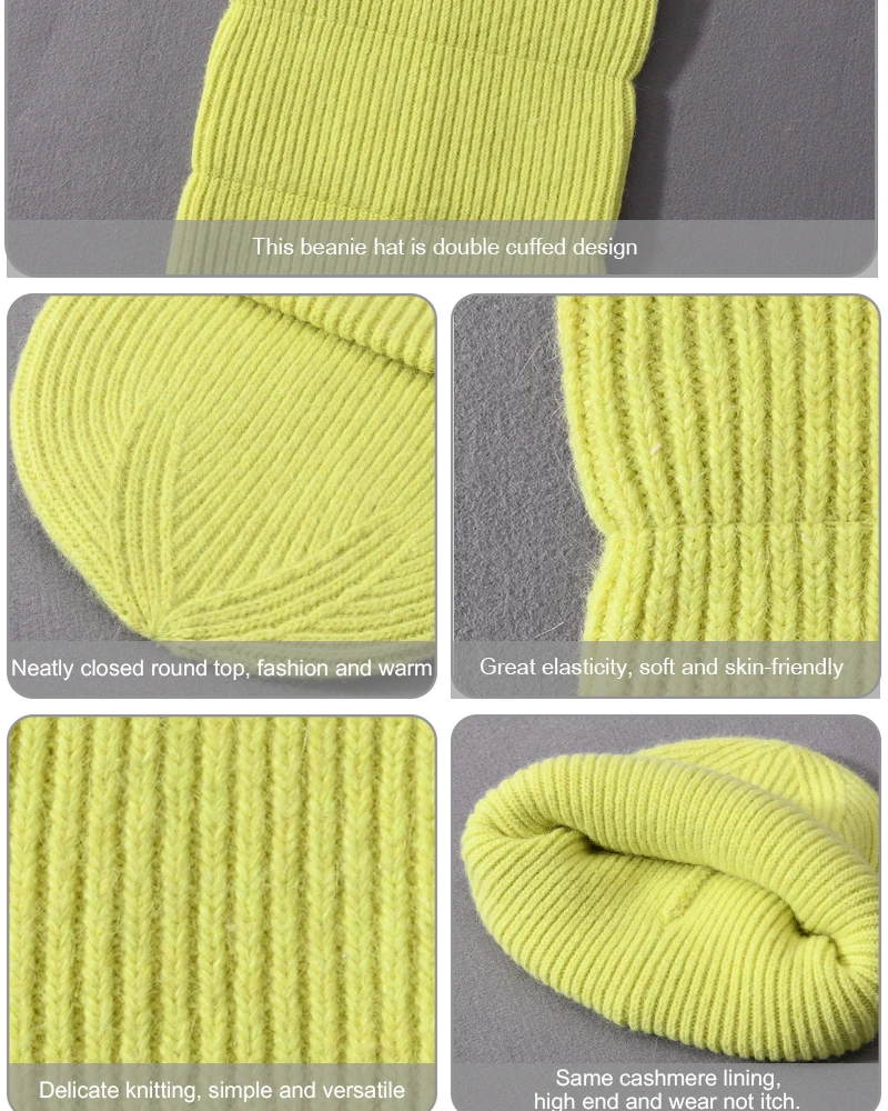 Casual Winter Hat for Women Real Rabbit Fur Beanie Ladies Fall Cashmere Hats Three Fold Thick Knitted Girls Skullies Beanies Cap
