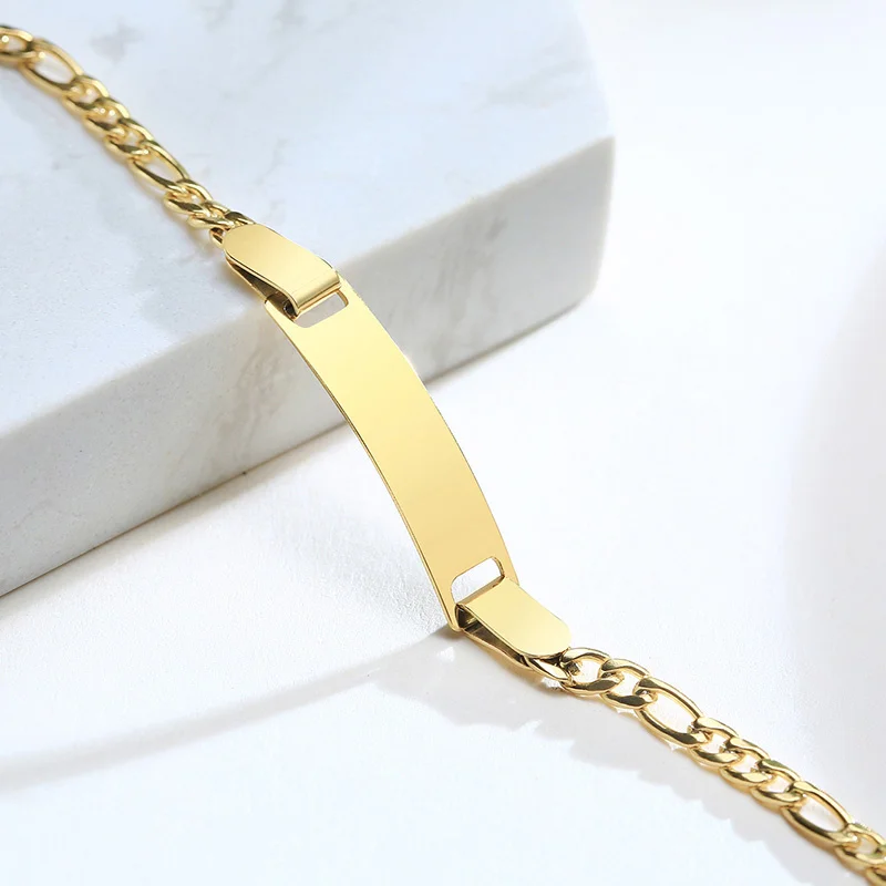 Personalize Name Bracelet for Baby Boy Girl Figaro Chain Smooth Bangle Link Gold Tone No Fade Safty Jewelry 12cm to 15cm