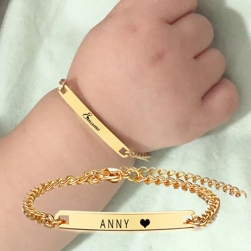 Personalize Name Bracelet for Baby Boy Girl Figaro Chain Smooth Bangle Link Gold Tone No Fade Safty Jewelry 12cm to 15cm