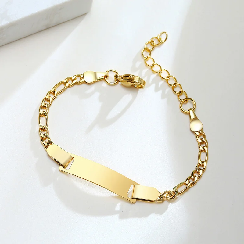 Personalize Name Bracelet for Baby Boy Girl Figaro Chain Smooth Bangle Link Gold Tone No Fade Safty Jewelry 12cm to 15cm