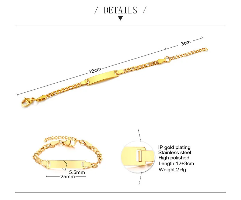 Personalize Name Bracelet for Baby Boy Girl Figaro Chain Smooth Bangle Link Gold Tone No Fade Safty Jewelry 12cm to 15cm