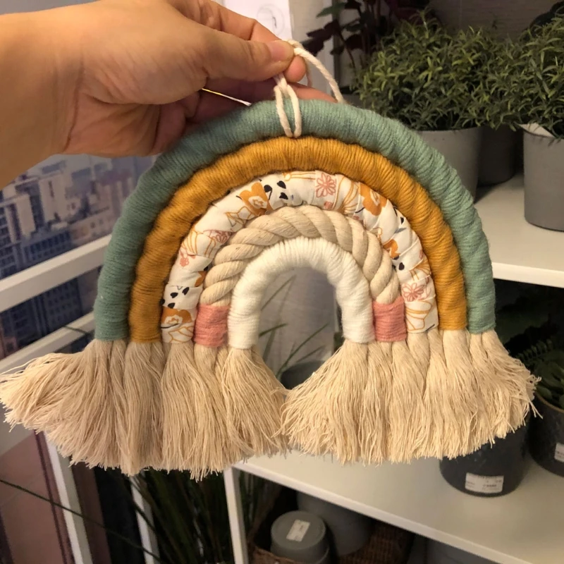 OOTDTY 5 Lines Macrame Rainbow Hanging Ornament DIY Rope Handmade Woven Wall Decor Baby Girls Room Decor Home Nursery Decor