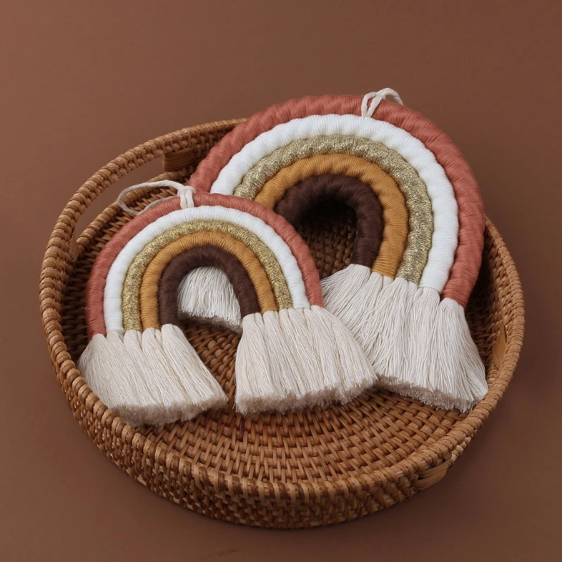 OOTDTY 5 Lines Macrame Rainbow Hanging Ornament DIY Rope Handmade Woven Wall Decor Baby Girls Room Decor Home Nursery Decor