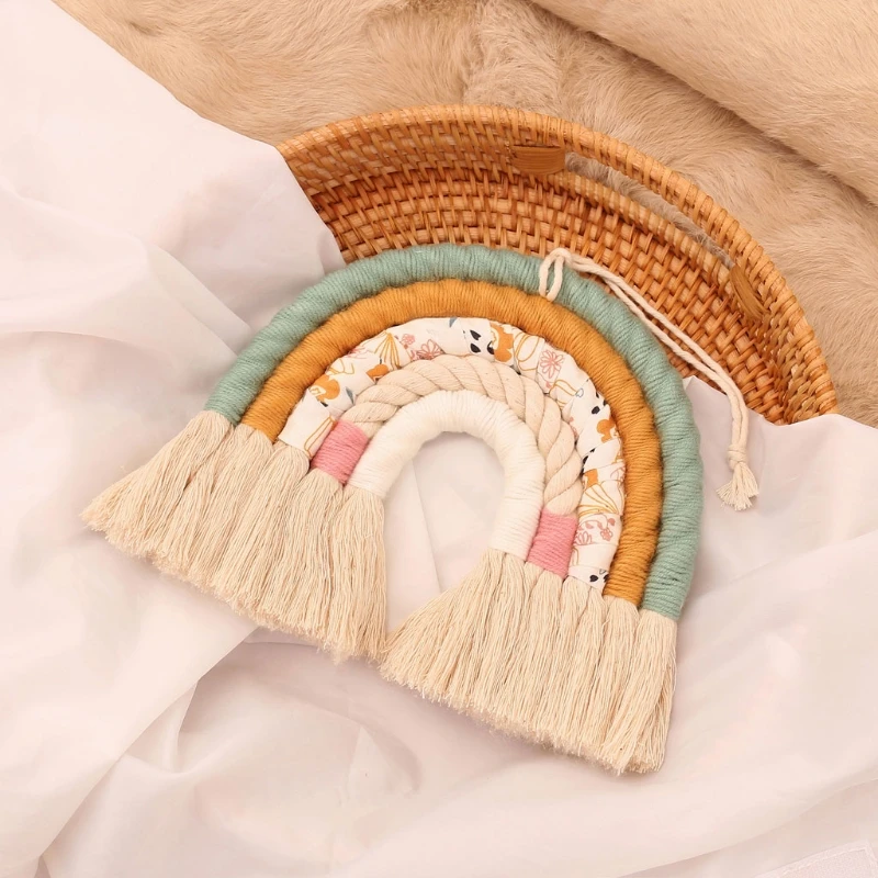 OOTDTY 5 Lines Macrame Rainbow Hanging Ornament DIY Rope Handmade Woven Wall Decor Baby Girls Room Decor Home Nursery Decor