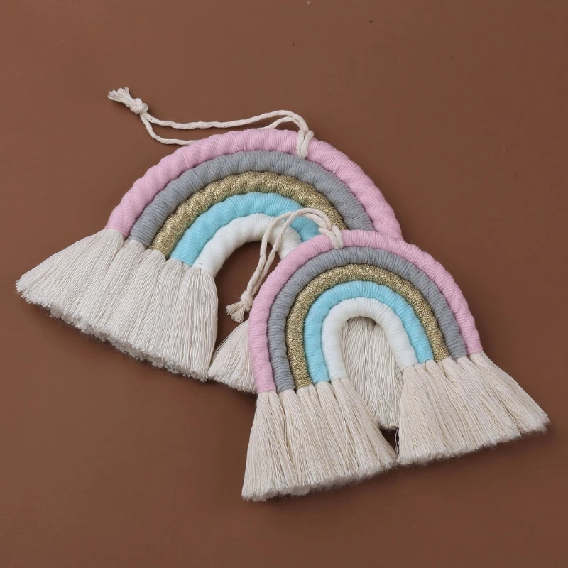 OOTDTY 5 Lines Macrame Rainbow Hanging Ornament DIY Rope Handmade Woven Wall Decor Baby Girls Room Decor Home Nursery Decor
