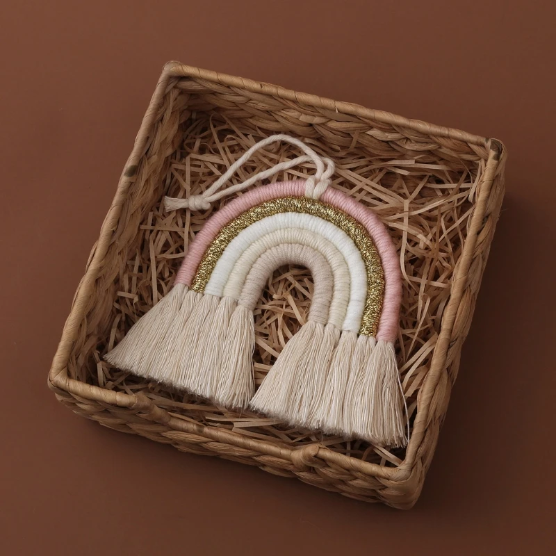 OOTDTY 5 Lines Macrame Rainbow Hanging Ornament DIY Rope Handmade Woven Wall Decor Baby Girls Room Decor Home Nursery Decor