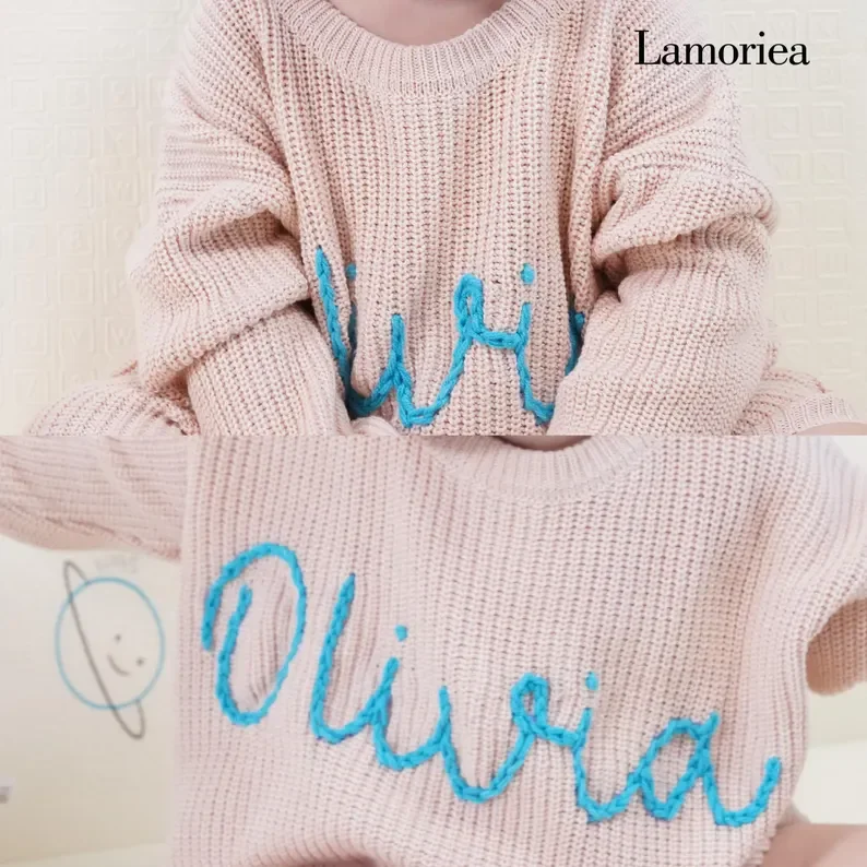 Personalized Hand Embroidered Name Sweaters Baby Knit Jumper Monogram Custom Name Sweaters Christmas gift Birthday Gift For Kid