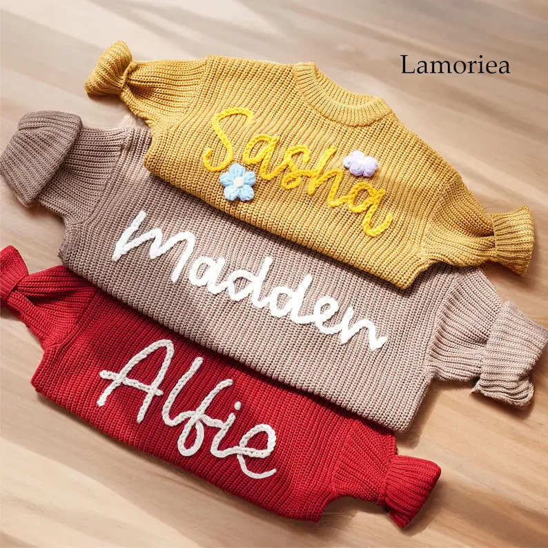 Personalized Hand Embroidered Name Sweaters Baby Knit Jumper Monogram Custom Name Sweaters Christmas gift Birthday Gift For Kid