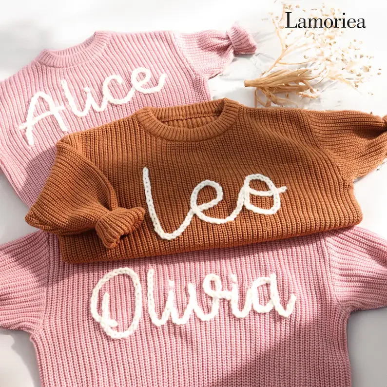 Personalized Hand Embroidered Name Sweaters Baby Knit Jumper Monogram Custom Name Sweaters Christmas gift Birthday Gift For Kid