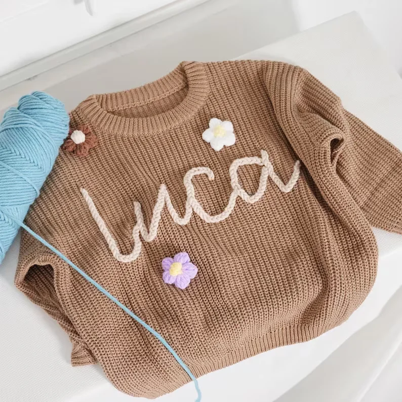 Personalized Hand Embroidered Name Sweaters Baby Knit Jumper Monogram Custom Name Sweaters Christmas gift Birthday Gift For Kid