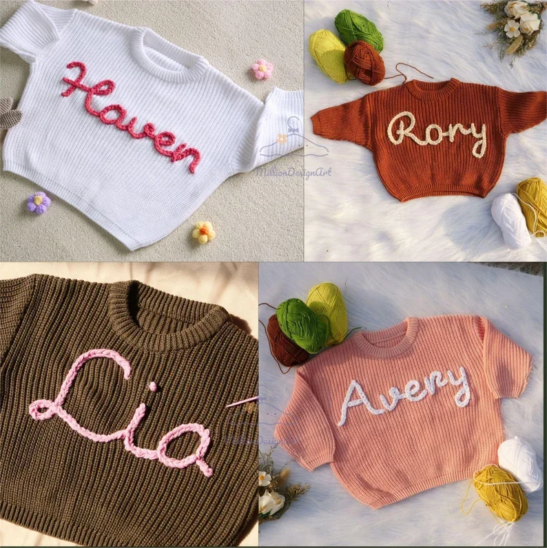 Personalized Hand Embroidered Name Sweaters Baby Knit Jumper Monogram Custom Name Sweaters Christmas gift Birthday Gift For Kid