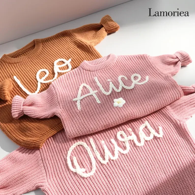 Personalized Hand Embroidered Name Sweaters Baby Knit Jumper Monogram Custom Name Sweaters Christmas gift Birthday Gift For Kid