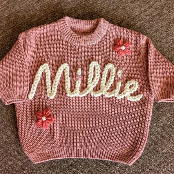 Personalized Hand Embroidered Name Sweaters Baby Knit Jumper Monogram Custom Name Sweaters Christmas gift Birthday Gift For Kid