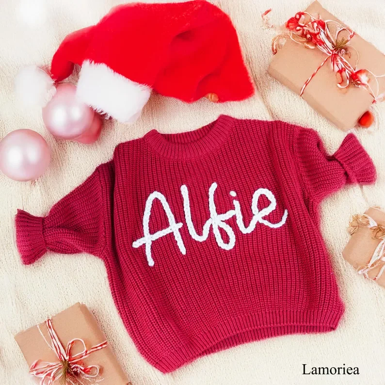 Personalized Hand Embroidered Name Sweaters Baby Knit Jumper Monogram Custom Name Sweaters Christmas gift Birthday Gift For Kid