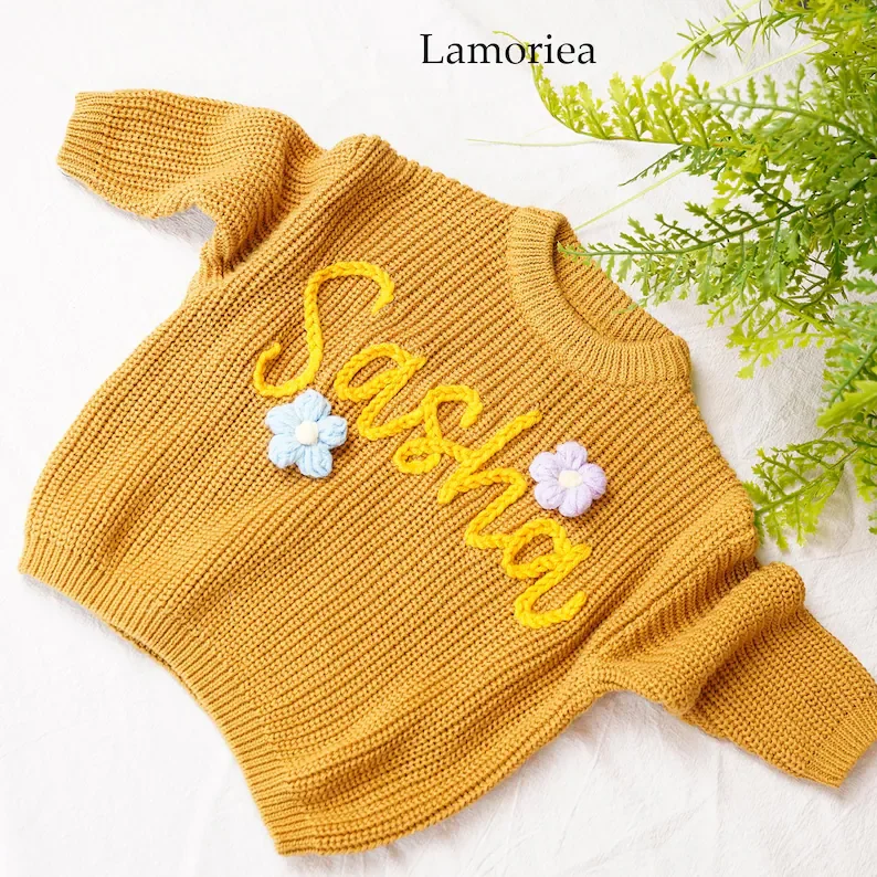 Personalized Hand Embroidered Name Sweaters Baby Knit Jumper Monogram Custom Name Sweaters Christmas gift Birthday Gift For Kid