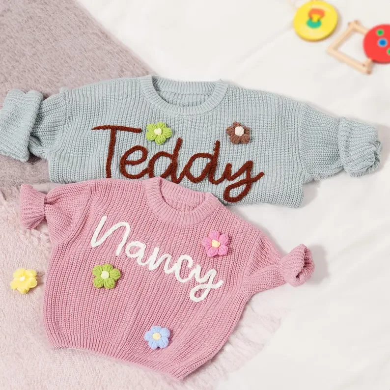Personalized Hand Embroidered Name Sweaters Baby Knit Jumper Monogram Custom Name Sweaters Christmas gift Birthday Gift For Kid