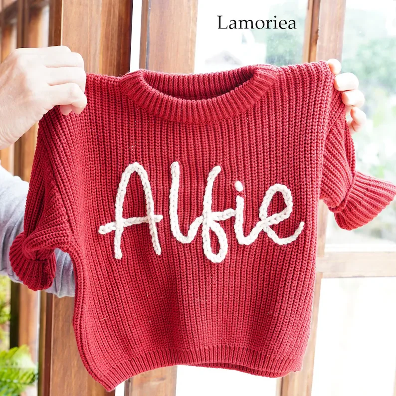 Personalized Hand Embroidered Name Sweaters Baby Knit Jumper Monogram Custom Name Sweaters Christmas gift Birthday Gift For Kid
