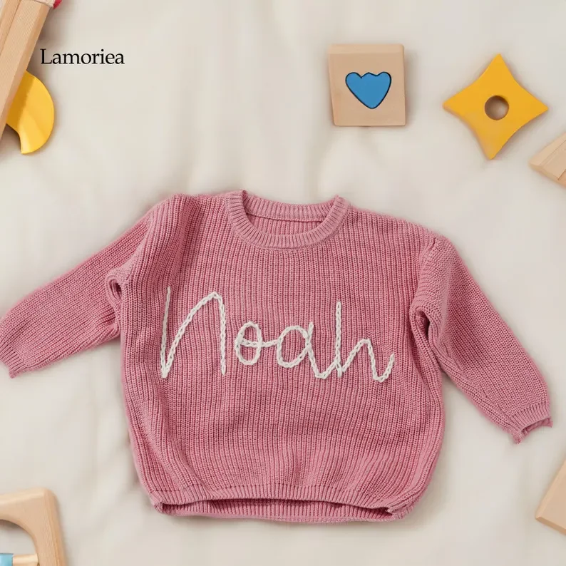 Personalized Hand Embroidered Name Sweaters Baby Knit Jumper Monogram Custom Name Sweaters Christmas gift Birthday Gift For Kid