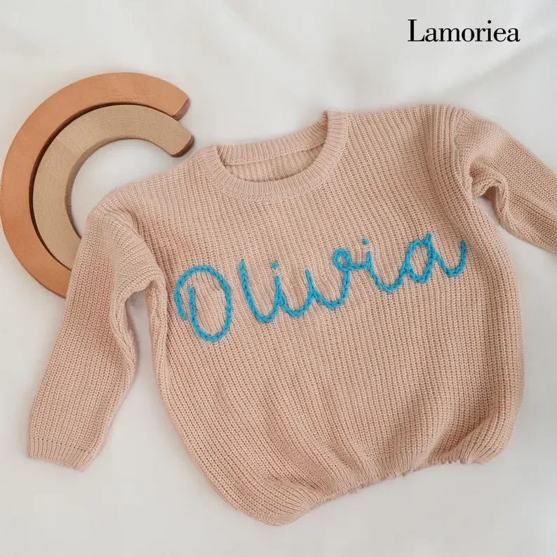 Personalized Hand Embroidered Name Sweaters Baby Knit Jumper Monogram Custom Name Sweaters Christmas gift Birthday Gift For Kid