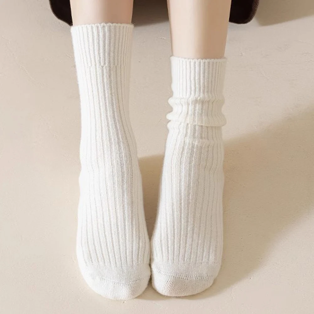 Cotton Pleated Vertical Strips Socks Autumn Solid Color Winter Warm Socks for Women Korean Style Middle Tube Girls Pile Socks