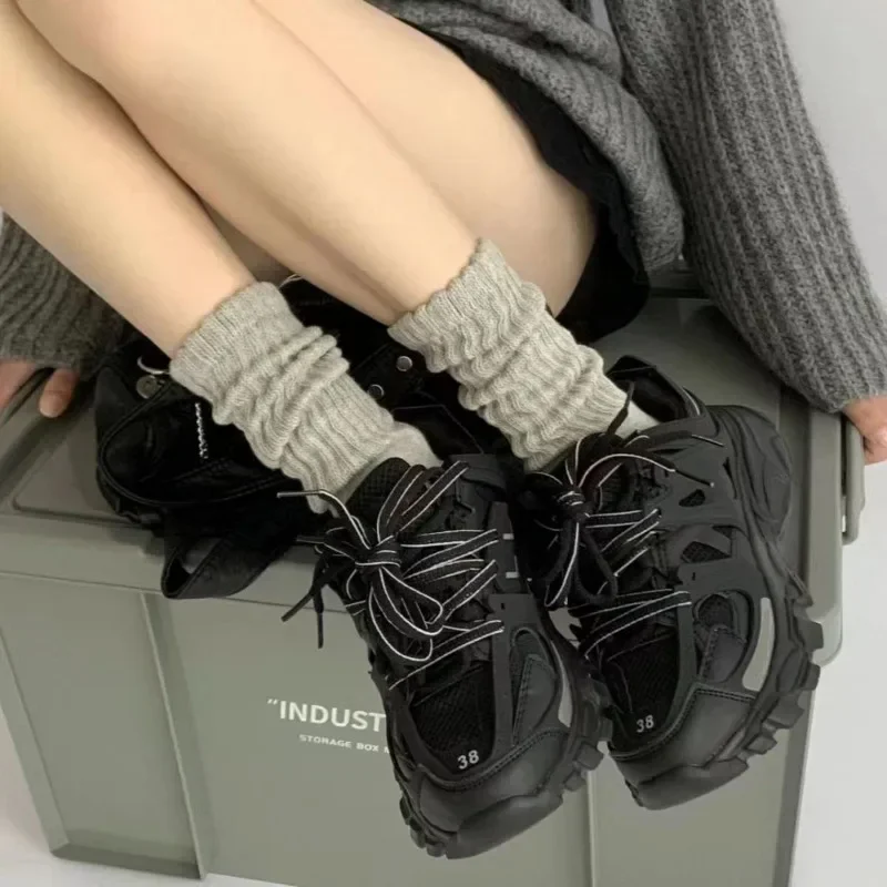 Cotton Pleated Vertical Strips Socks Autumn Solid Color Winter Warm Socks for Women Korean Style Middle Tube Girls Pile Socks