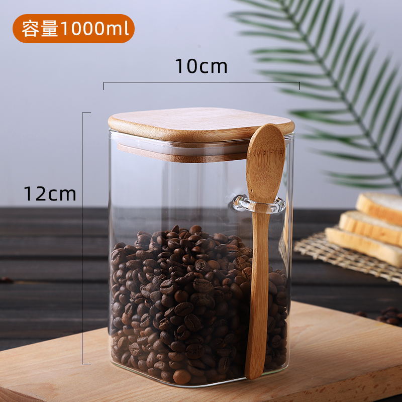Japanese Style Square Glass Sealed Storage Jar with Wooden Spoon Seasoning Box Coffee Bean Cans Household Milk Powder Tea Cans