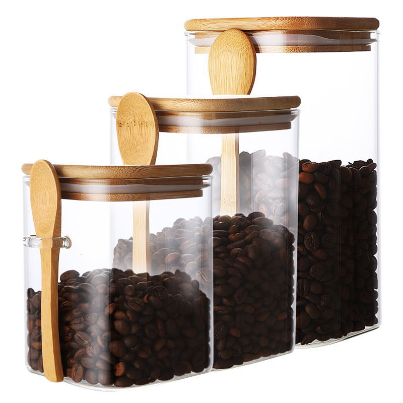 Japanese Style Square Glass Sealed Storage Jar with Wooden Spoon Seasoning Box Coffee Bean Cans Household Milk Powder Tea Cans